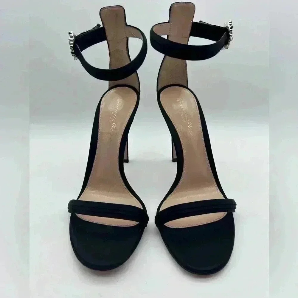GIANVITO ROSSI Ava Crystal Embellished Satin Sandals Heels Black Size 37 - Picture 4 of 14